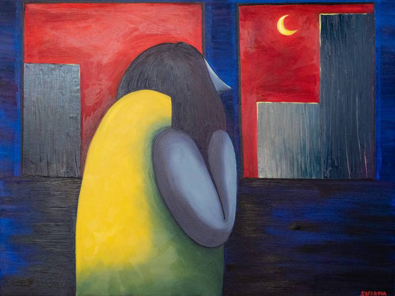 I gaze into the darkness of the sky at a rocket flying to kill me Expressive and gestural Painting Tamara Safarova - Subjektiv.art