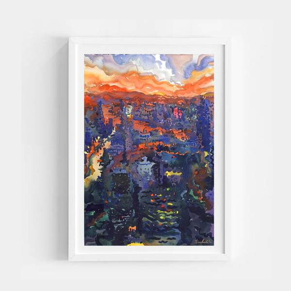 View to night Bangkok and Chao Phraya River Impressionistic Painting Tanbelia artist - Subjektiv.art