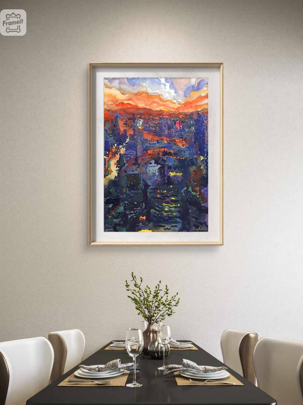 View to night Bangkok and Chao Phraya River Impressionistic Painting Tanbelia artist - Subjektiv.art