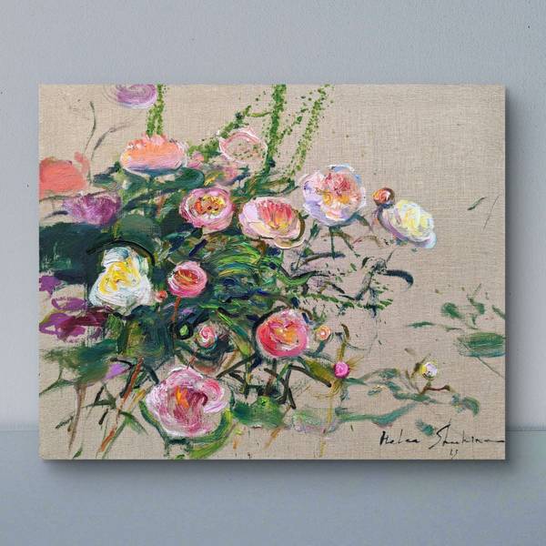 "Peonies on linen" Impressionistic Painting Helen Shukina - Subjektiv.art