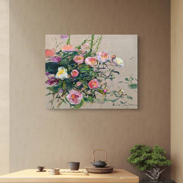 "Peonies on linen" Impressionistic Painting Helen Shukina - Subjektiv.art