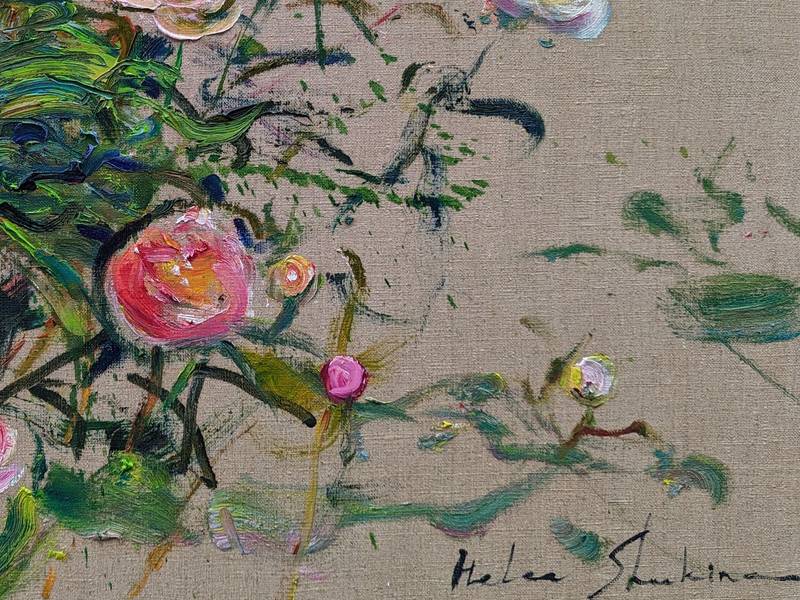 "Peonies on linen" Impressionistic Painting Helen Shukina - Subjektiv.art