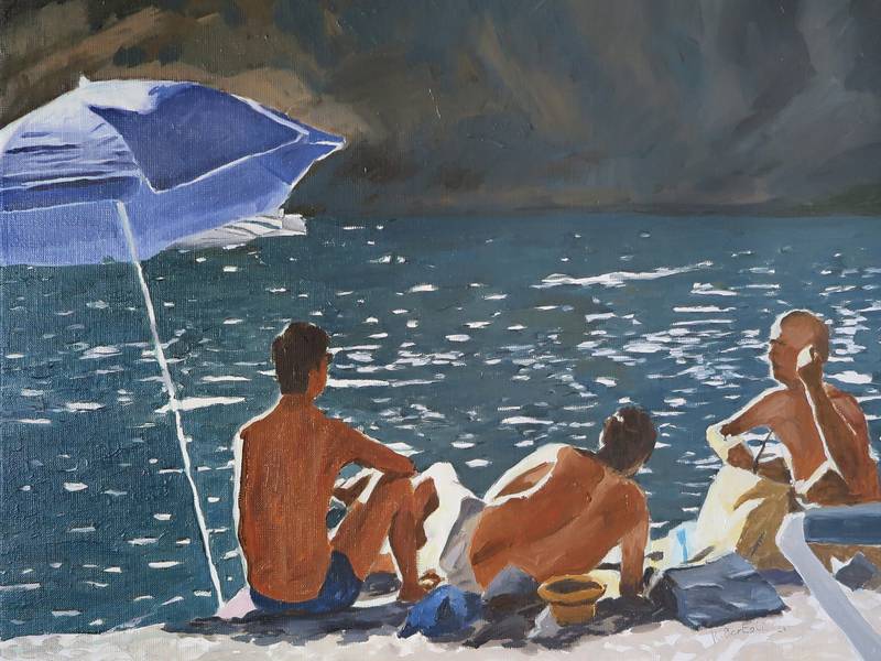 Beach, 3 personnages Fine Art Painting Karine Bartoli - Subjektiv.art