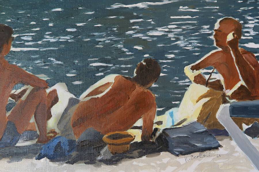 Beach, 3 personnages Fine Art Painting Karine Bartoli - Subjektiv.art