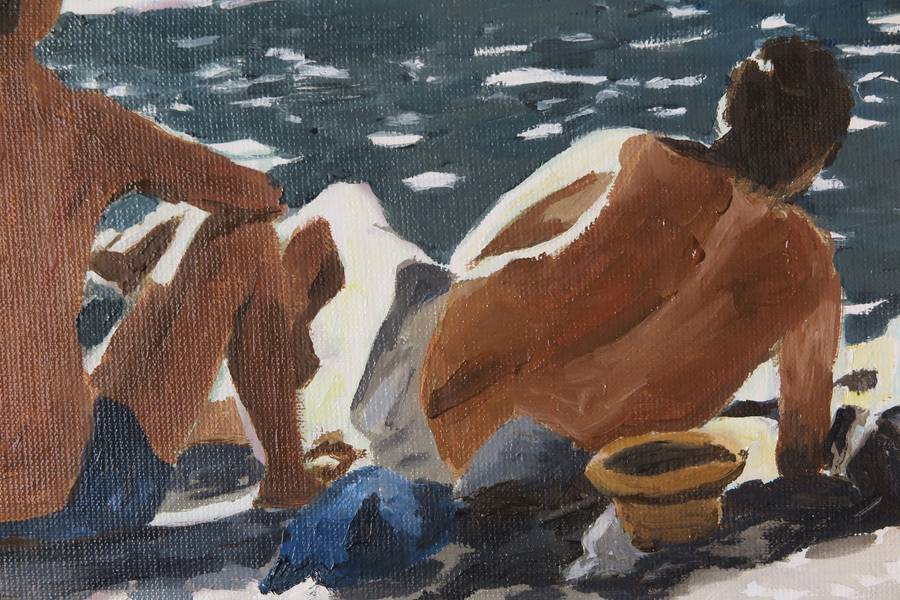Beach, 3 personnages Fine Art Painting Karine Bartoli - Subjektiv.art