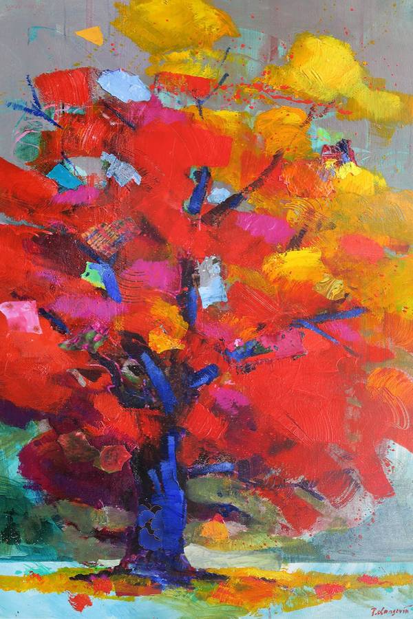Arbre rouge et jaune Expressive and gestural Painting pascal Langevin - Subjektiv.art