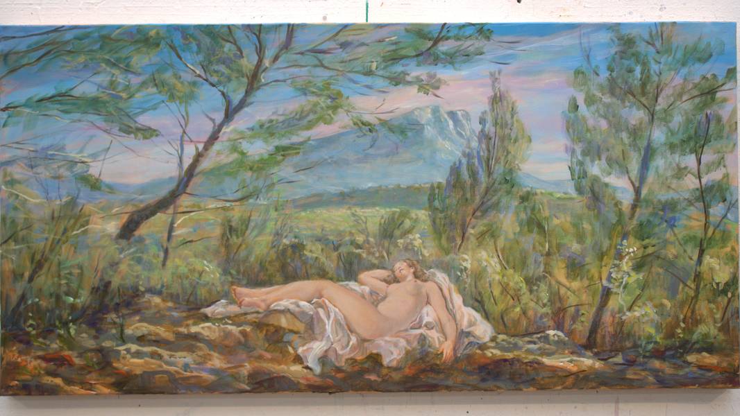 J'avais marché longtemps, c'est au bord de l'épuisement que je la vis comme une apparition, étais-ce une Oréade ? Chélone la nymphe des montagnes ? Je me réveillais brutalement il était 6h30. Fine Art Painting francois page - Subjektiv.art