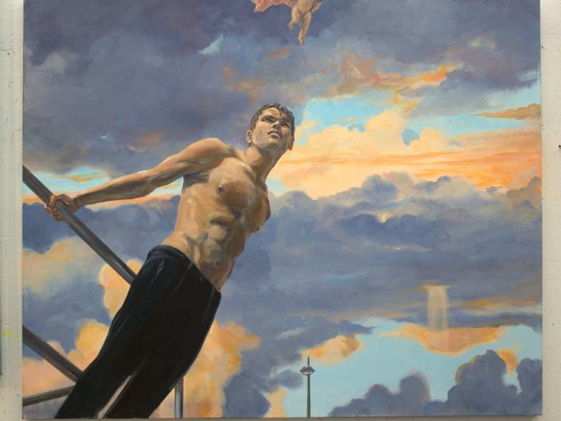 Les ciels de septembre imitent ceux d’Italie, avant les grands gris de novembre, c'est le grand défilé. Un ange gardien surveille un bad boy, la solitude d'un réverbère et quelques fragments délicieux de bleu. Fine Art Painting francois page - Subjektiv.art