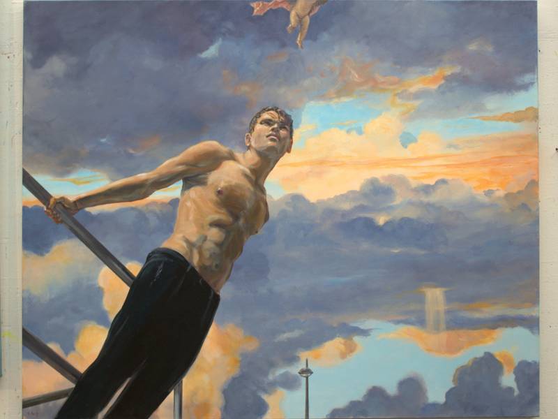 Les ciels de septembre imitent ceux d’Italie, avant les grands gris de novembre, c'est le grand défilé. Un ange gardien surveille un bad boy, la solitude d'un réverbère et quelques fragments délicieux de bleu. Fine Art Painting francois page - Subjektiv.art