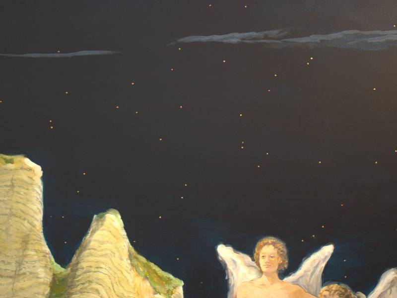 La visite de deux anges à Marie et Joseph pendant une nuit d'été étoilée, bien avant que le temps soit compté. Surrealistic Painting francois page - Subjektiv.art