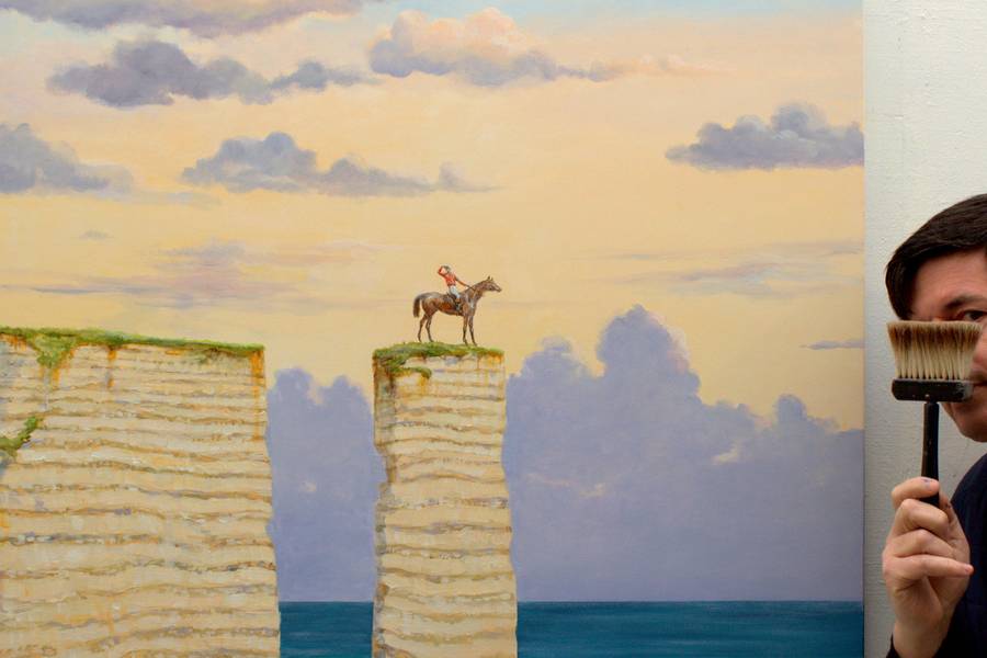 Je me retournais tout à coup ayant cru entendre le hennissement d’un cheval . En voyant cette scène improbable je me demandais si il fallait savoir prendre de la hauteur quand une situation paraissait sans issue. Surrealistic Painting francois page - Subjektiv.art