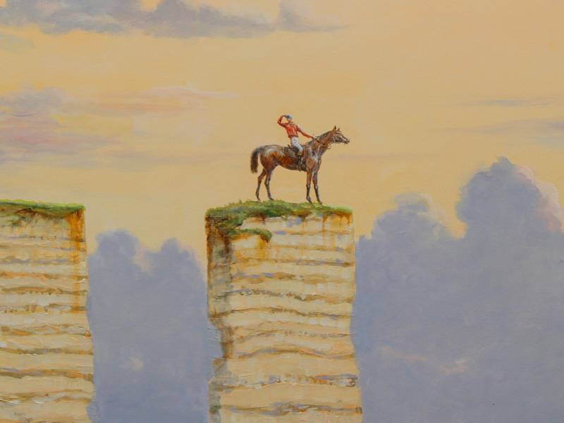 Je me retournais tout à coup ayant cru entendre le hennissement d’un cheval . En voyant cette scène improbable je me demandais si il fallait savoir prendre de la hauteur quand une situation paraissait sans issue. Surrealistic Painting francois page - Subjektiv.art