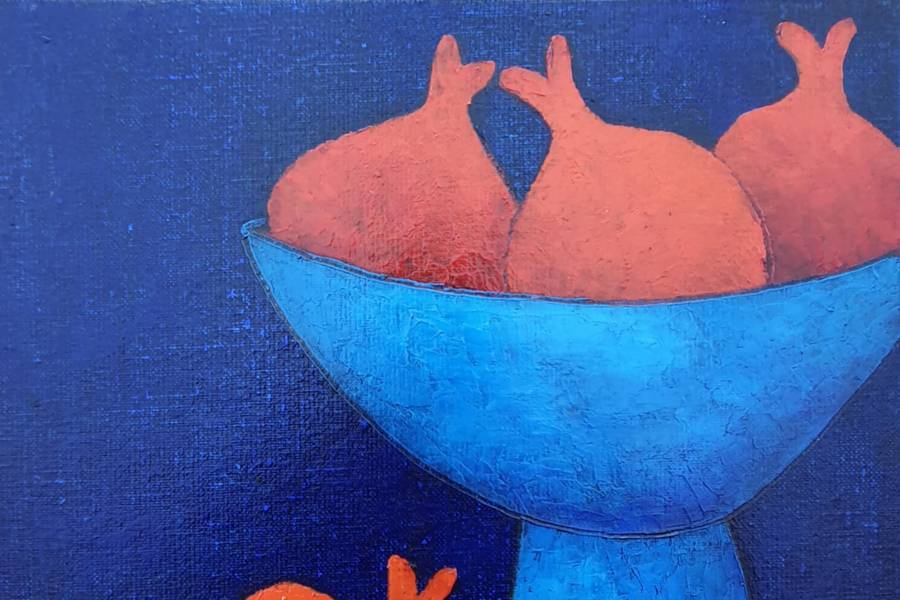 Pomegranates in a blue vase Fine Art Painting David Sharashydze - Subjektiv.art