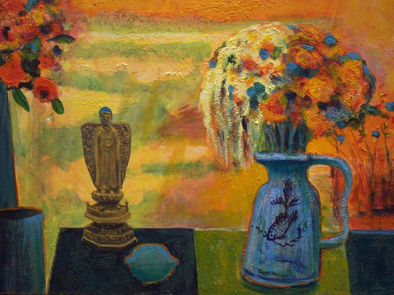 Dès ma venue, sous le son du sitar, je voyais ton ange se dissoudre. Rouge aussi ta joue, ta bouche aussi ton cou. Rien que toi. Fine Art Painting francois page - Subjektiv.art