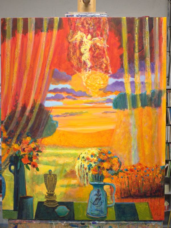 Dès ma venue, sous le son du sitar, je voyais ton ange se dissoudre. Rouge aussi ta joue, ta bouche aussi ton cou. Rien que toi. Fine Art Painting francois page - Subjektiv.art
