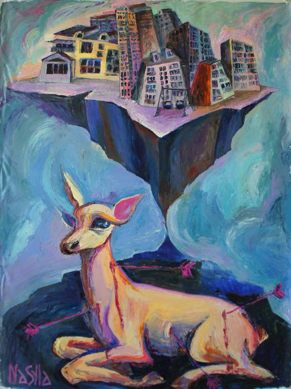 The Deer and the Wounded City Fine Art Painting Anastasiia Maistrenko - Subjektiv.art