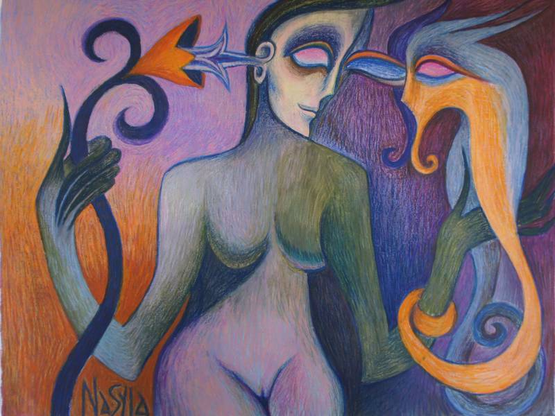 The Goddess, the Beast, and the Flower Surrealistic Painting Anastasiia Maistrenko - Subjektiv.art