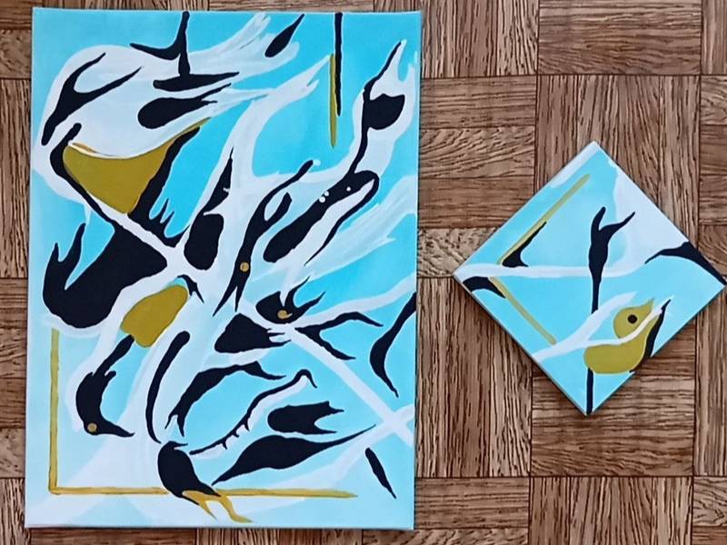 «Народження Світу з хмар та птахів» диптих холст, акрил  30х40 см., 15х15 см., 2025 р. Modern Painting Viktoria Gayer - Subjektiv.art