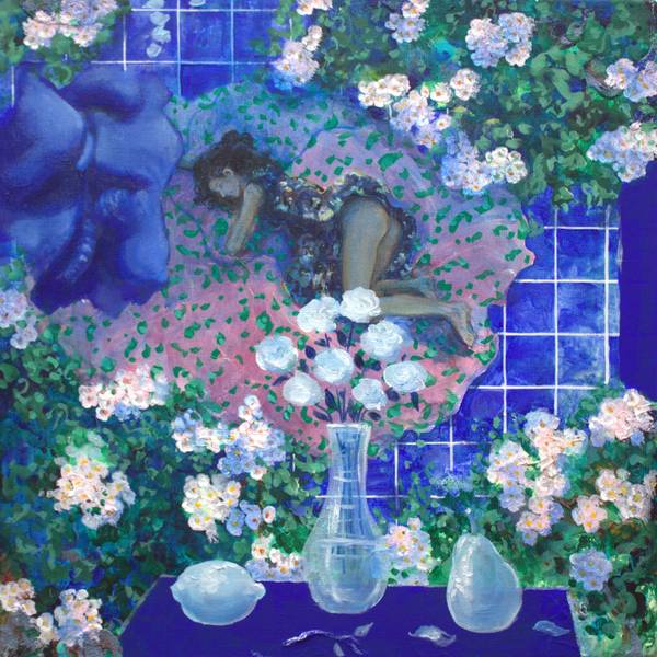 Parfois quand tu n'étais pas là, et après avoir fortement pensé à nos baisers bleus, ta silhouette s'imprimait alors dans l'espace comme l'écho des fleurs sur le tapis. Fine Art Painting francois page - Subjektiv.art