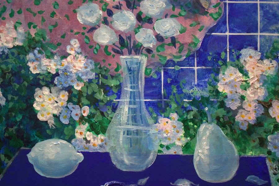 Parfois quand tu n'étais pas là, et après avoir fortement pensé à nos baisers bleus, ta silhouette s'imprimait alors dans l'espace comme l'écho des fleurs sur le tapis. Fine Art Painting francois page - Subjektiv.art