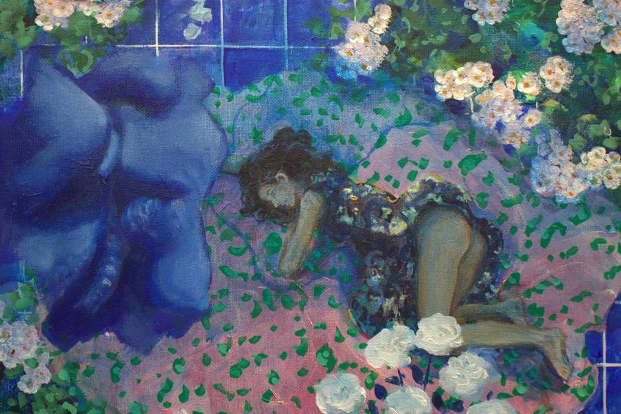 Parfois quand tu n'étais pas là, et après avoir fortement pensé à nos baisers bleus, ta silhouette s'imprimait alors dans l'espace comme l'écho des fleurs sur le tapis. Fine Art Painting francois page - Subjektiv.art