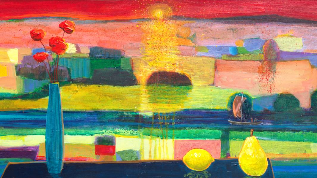 Sous le regard d'Helios, le paysage semblait heureux du passage du bateau qui glissait lentement sur le fleuve.  Fine Art Painting francois page - Subjektiv.art