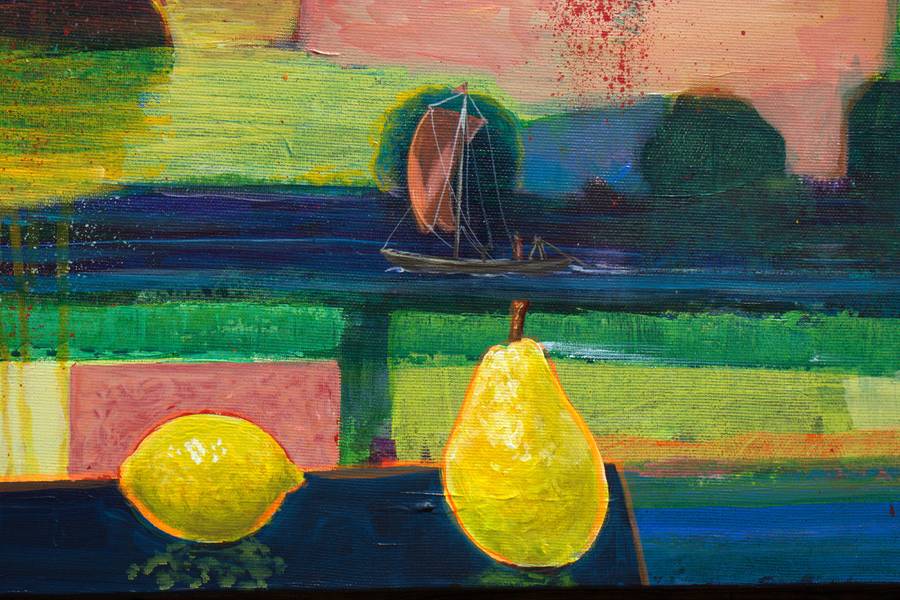 Sous le regard d'Helios, le paysage semblait heureux du passage du bateau qui glissait lentement sur le fleuve.  Fine Art Painting francois page - Subjektiv.art