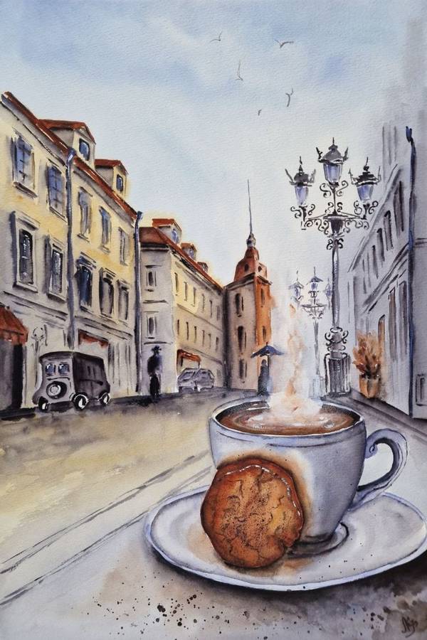 Morning aroma of the old city Expressive and gestural Painting Olena Yemelianova - Subjektiv.art