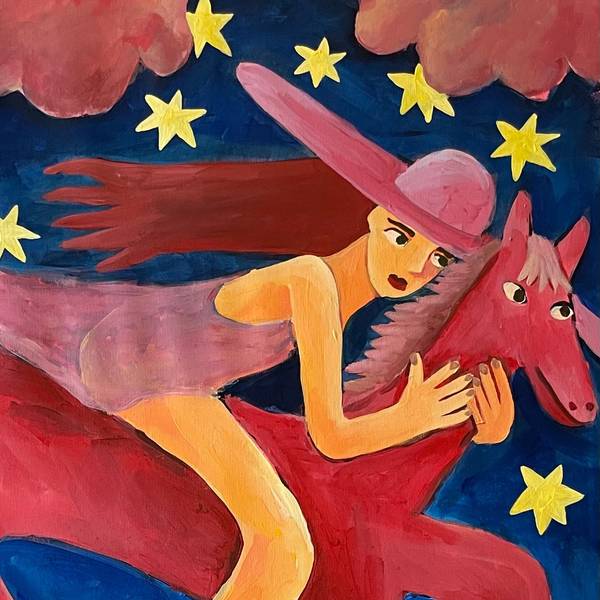 She Rides the Dusk Naive Painting Oksana Fedchyshyn - Subjektiv.art