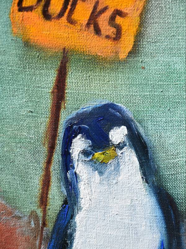 Penguins with 'Warning Ducks' banners Expressive and gestural Painting Oleksandr Topchyi - Subjektiv.art