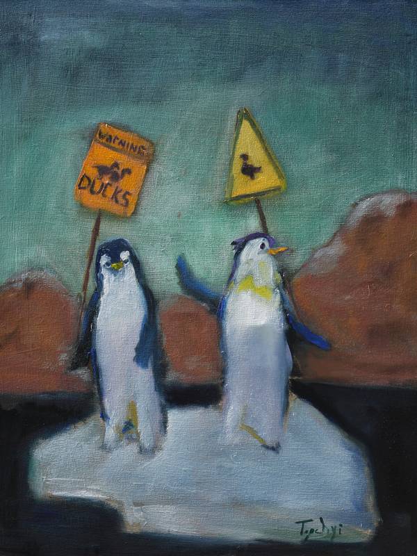 Penguins with 'Warning Ducks' banners  - Subjektiv.art
