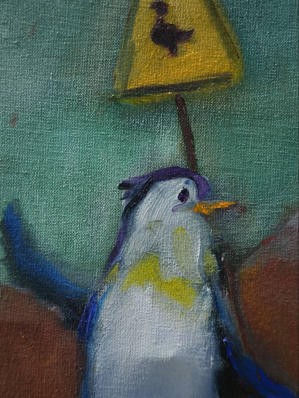 Penguins with 'Warning Ducks' banners Expressive and gestural Painting Oleksandr Topchyi - Subjektiv.art
