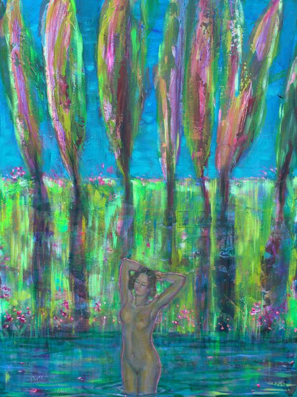 Parfois l’été, Diane offrait tout son corps aux jeunes peupliers. Quelques-uns gambillaient et frétillaient devant sa splendeur. Fine Art Painting francois page - Subjektiv.art