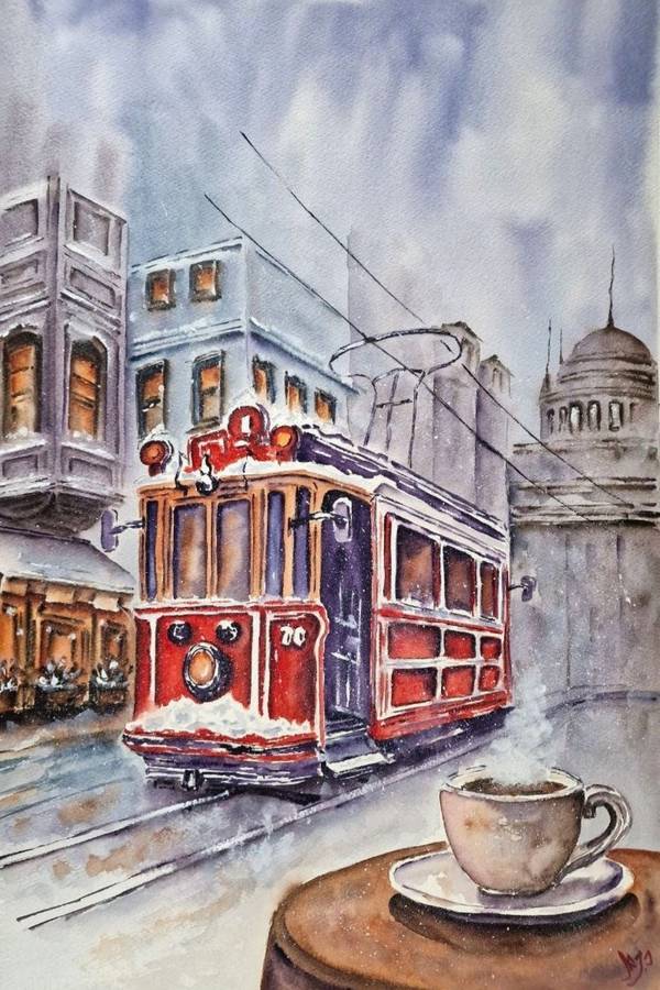 A tram to memories Expressive and gestural Painting Olena Yemelianova - Subjektiv.art