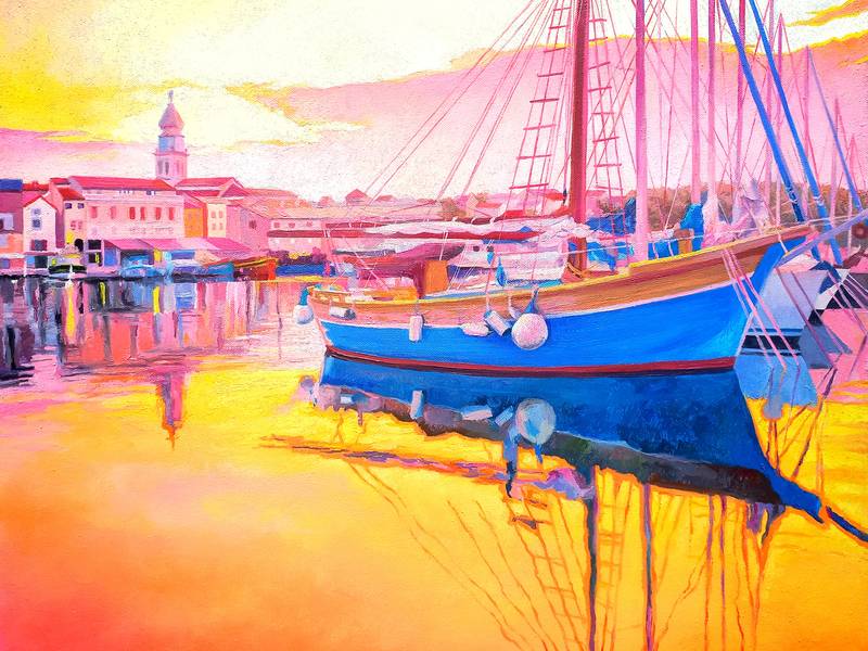 Evening in Krk. The Gold of the Bay Fine Art Painting Lana Korolievskaia - Subjektiv.art