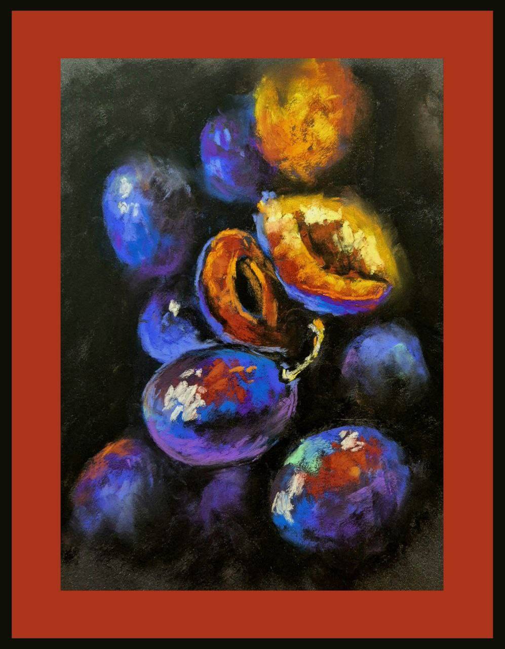 Vibrant Plums. 22х28 stillife Expressive and gestural Drawing Victoria Stefchyshyna - Subjektiv.art