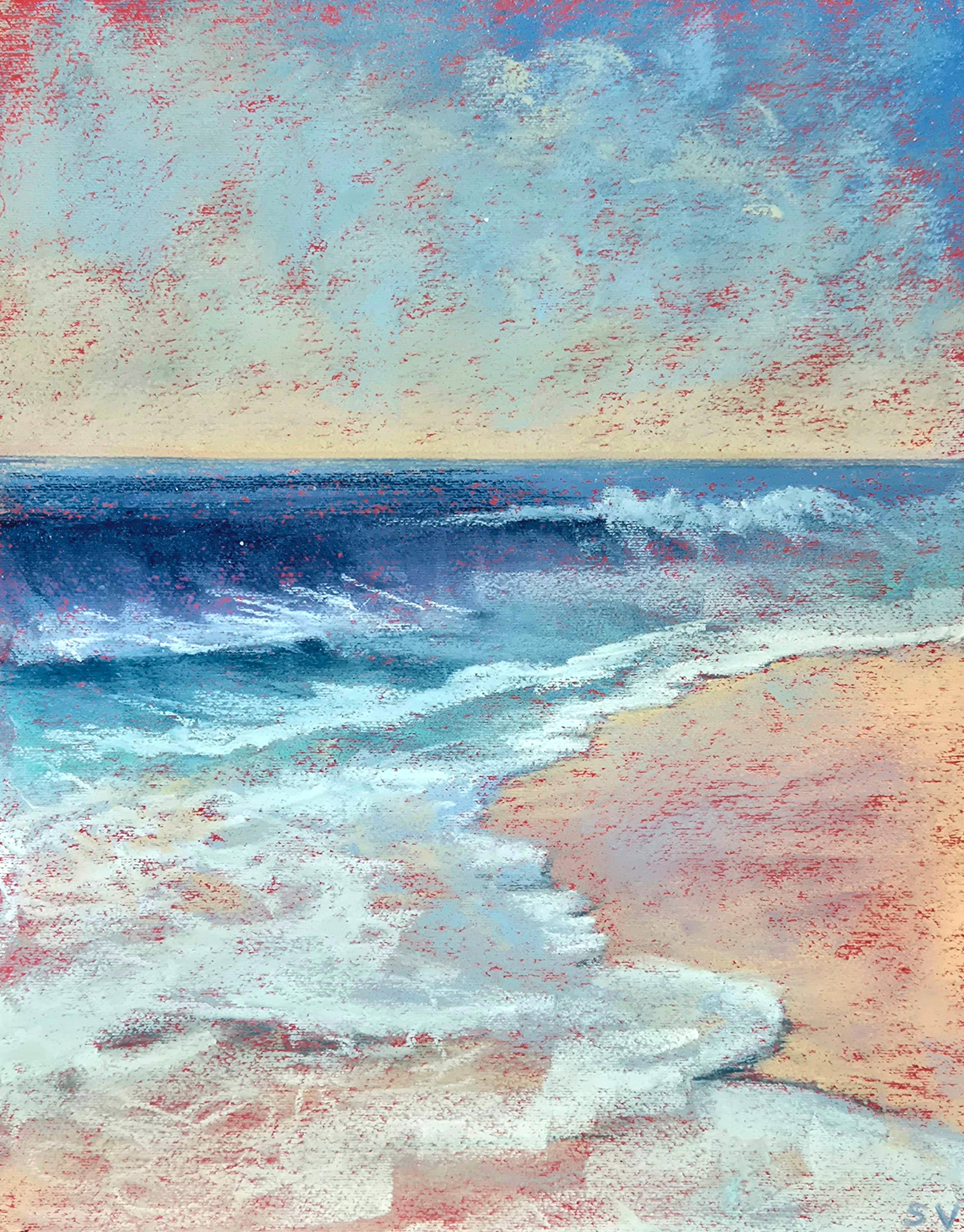 WAVES ON A WARM MORNING. Seascape contemporary painting. 28x36cm Impressionistic Drawing Victoria Stefchyshyna - Subjektiv.art