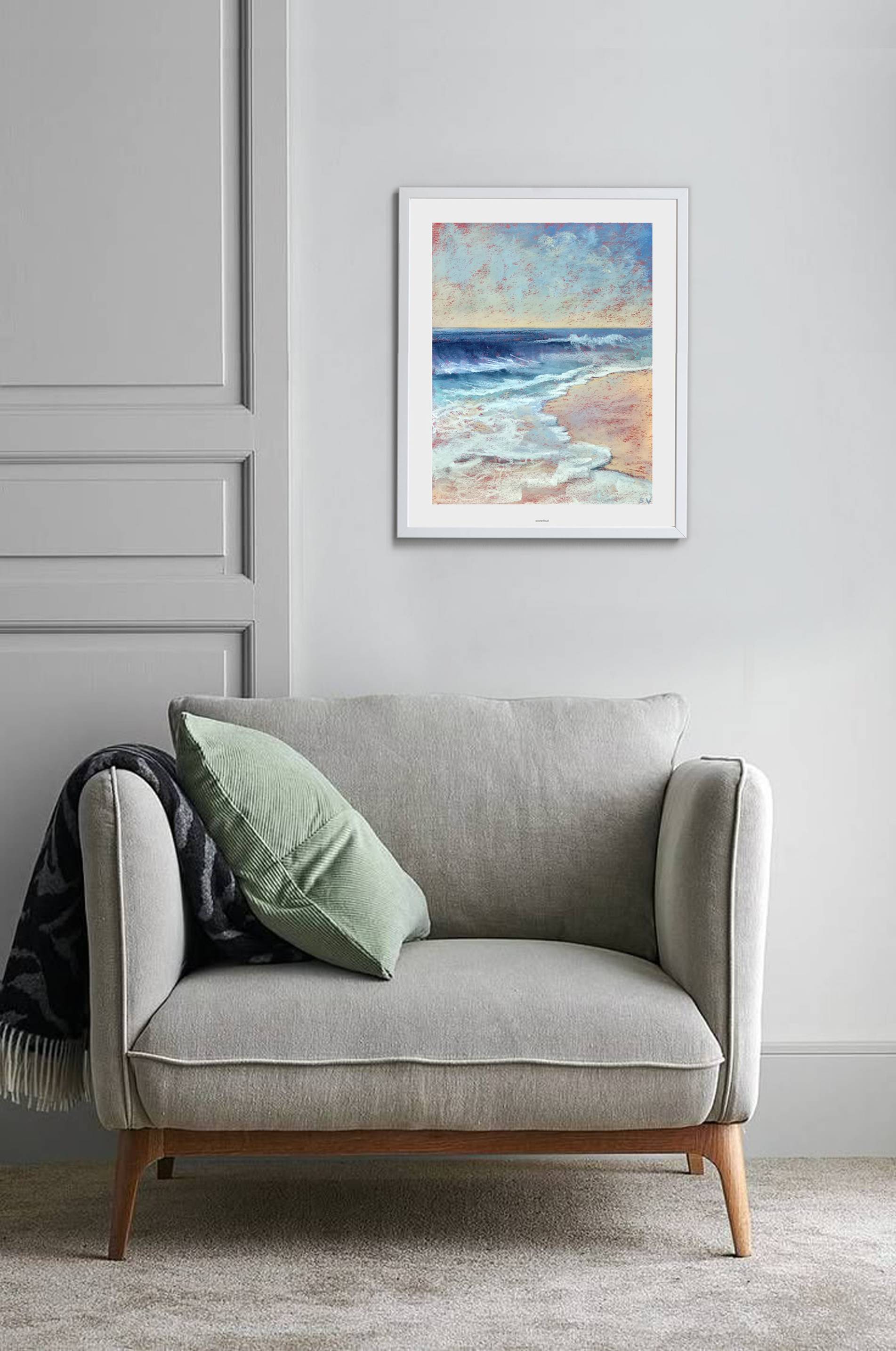 WAVES ON A WARM MORNING. Seascape contemporary painting. 28x36cm Impressionistic Drawing Victoria Stefchyshyna - Subjektiv.art