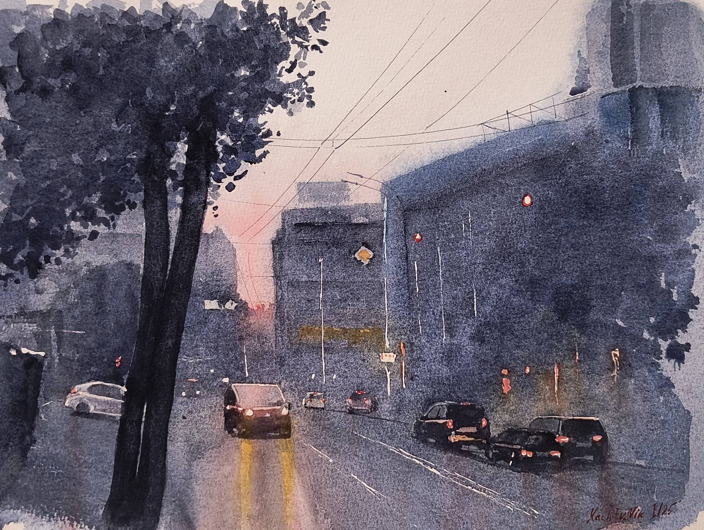 Evening on Lvivska square, Kyiv. Impressionistic Painting Eugene Kachan - Subjektiv.art