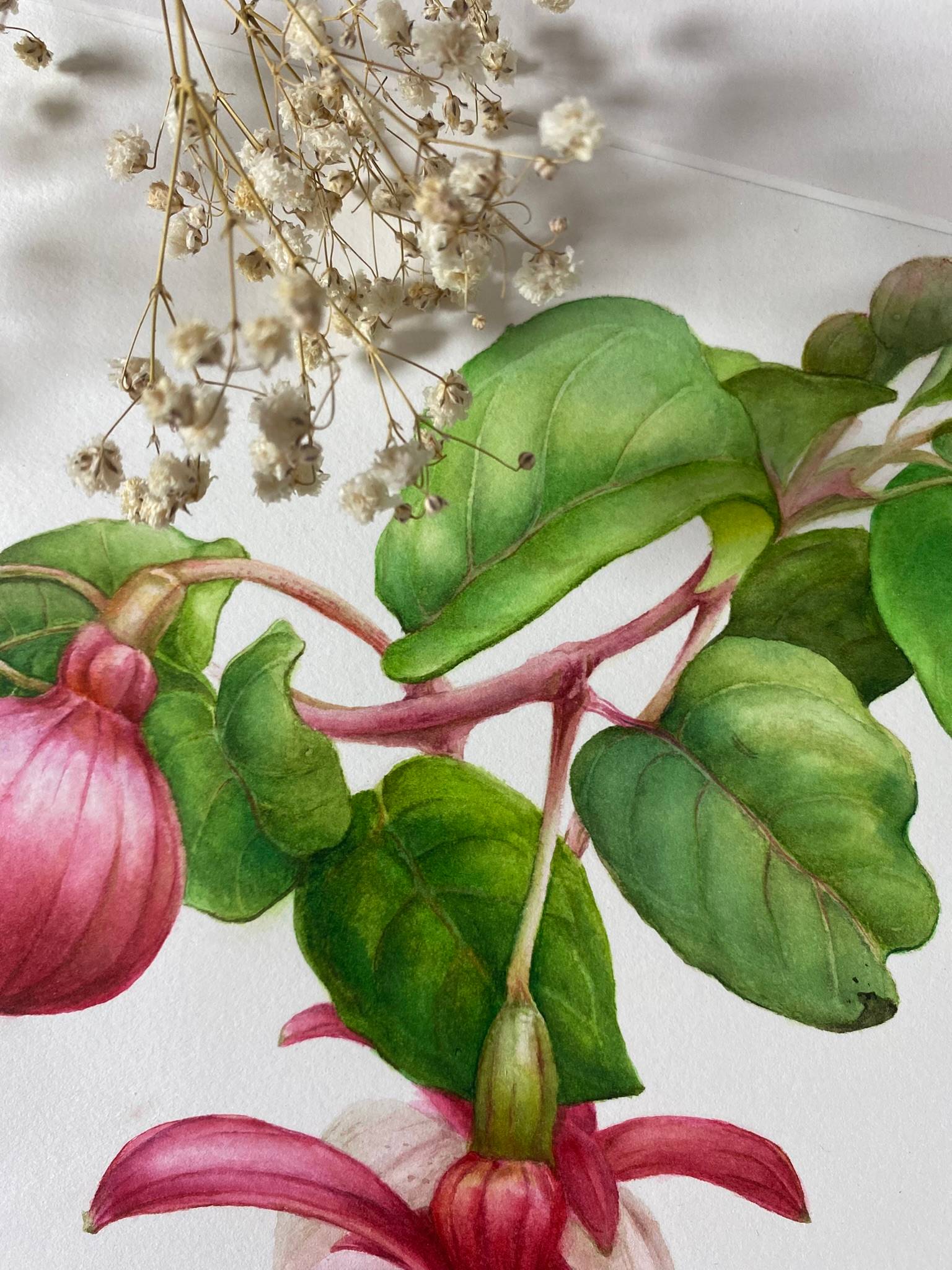 Pink Fuchsia(Pink Flower Green Foliage Happy Vibes) Photorealistic Painting Viktoriia Kolesnykova - Subjektiv.art