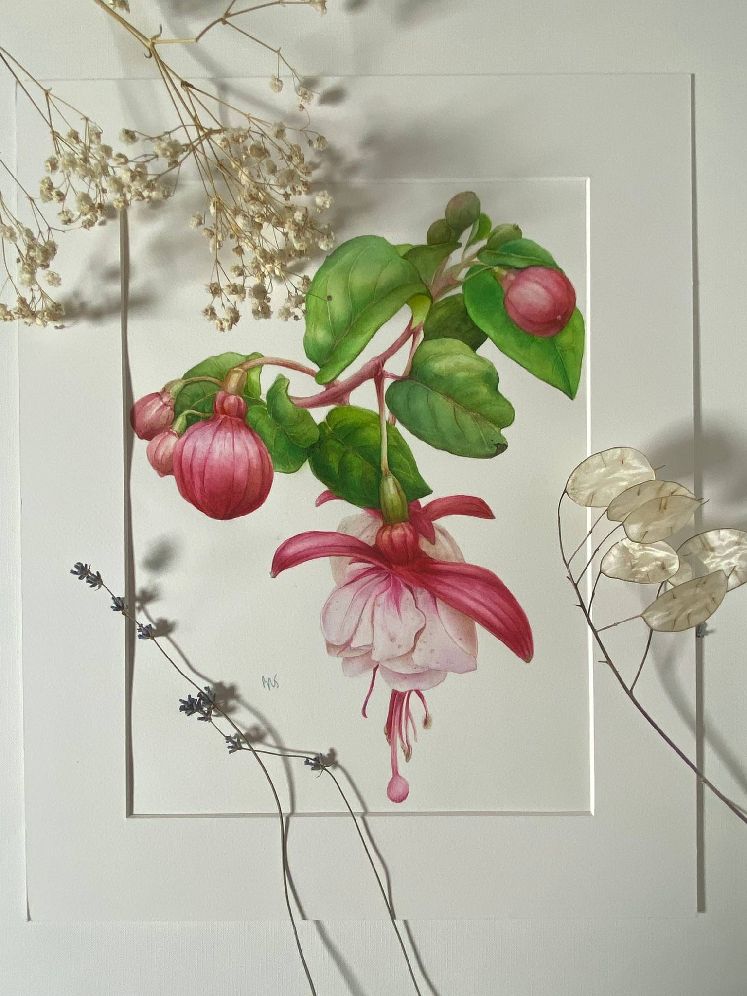 Pink Fuchsia(Pink Flower Green Foliage Happy Vibes) Photorealistic Painting Viktoriia Kolesnykova - Subjektiv.art