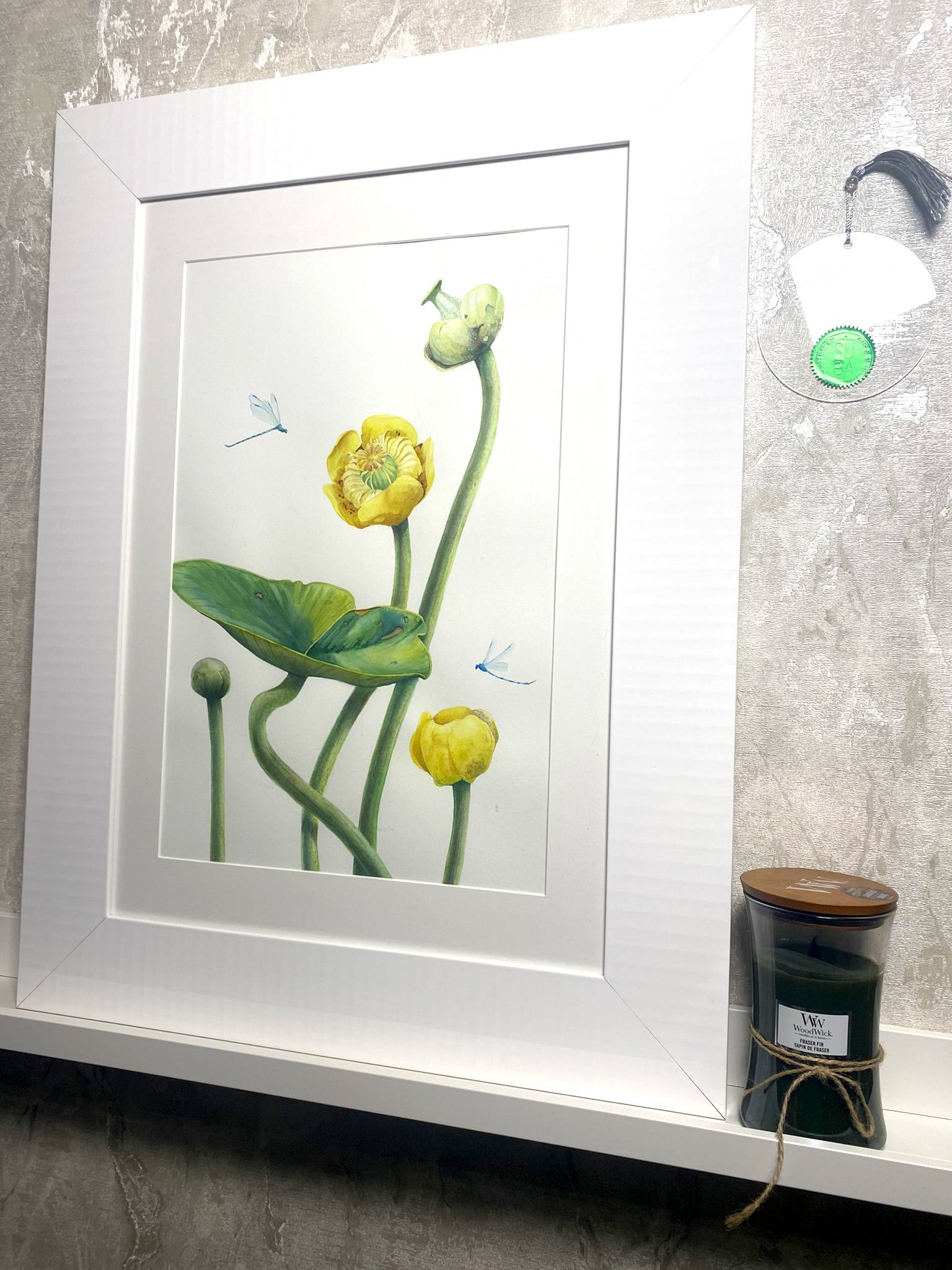 Water Nymph`s Flower. Yellow water-lily aquatic plant, dragonfly Organic Painting Viktoriia Kolesnykova - Subjektiv.art