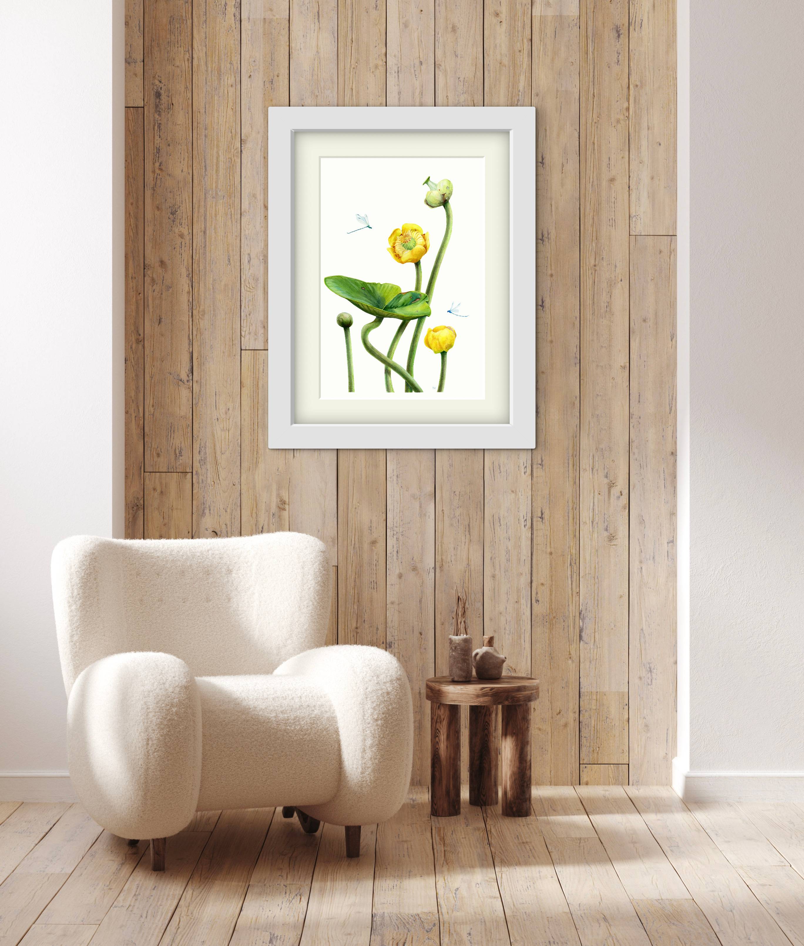 Water Nymph`s Flower. Yellow water-lily aquatic plant, dragonfly Organic Painting Viktoriia Kolesnykova - Subjektiv.art