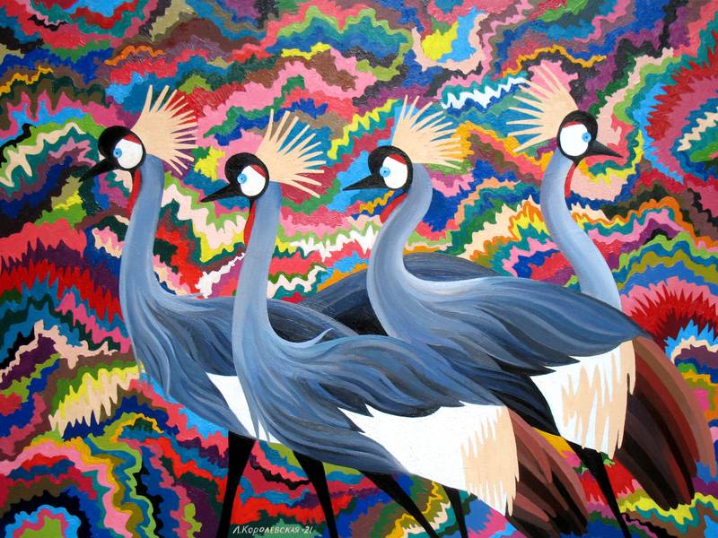 Crowned cranes Fine Art Painting Lana Korolievskaia - Subjektiv.art